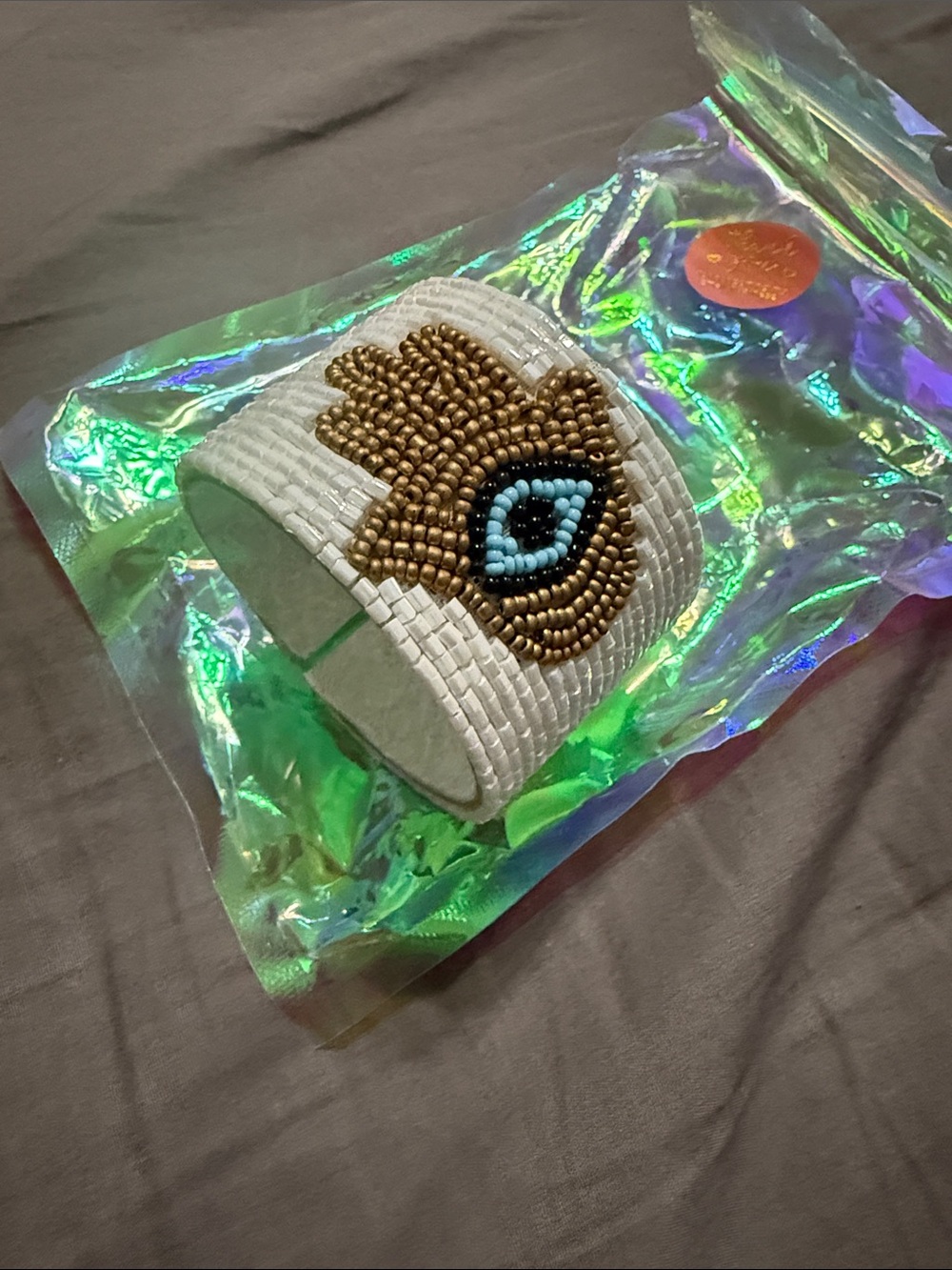 Beaded Hamsa Cuff Bracelet - White and Gold